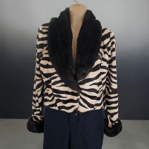 Vtg Limelight Zebra Jacket Cropped Cream & Black Faux Fur Collar Cuffs Size S